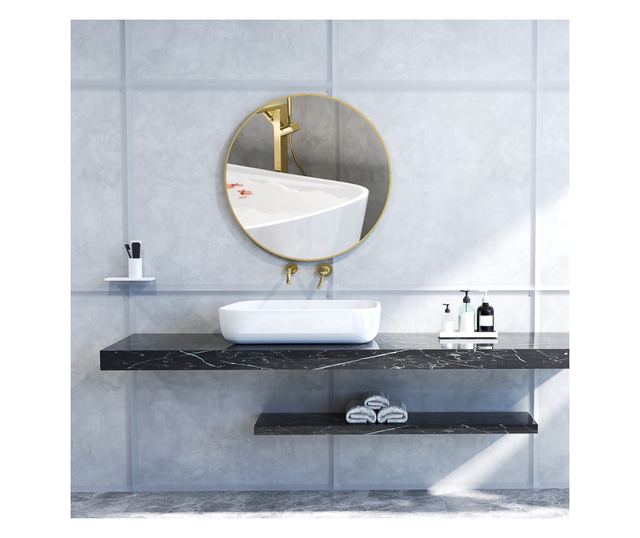 Kerek fürdőszobai tükör, üveg és acél, Ø70x2,5 cm, arany színű