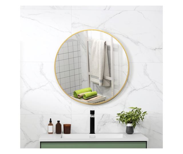 Kerek fürdőszobai tükör, üveg és acél, Ø70x2,5 cm, arany színű