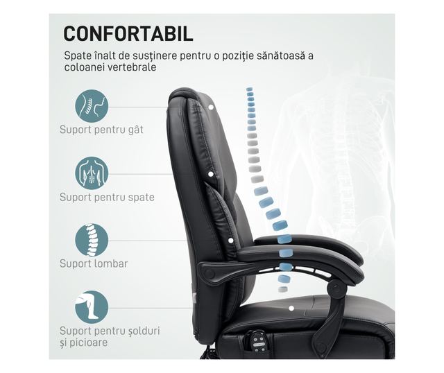 Masszázs Vibrációs Irodai Szék, Magas Háttámlával és Állítható Magassággal, 66x64x113-121 cm, Fekete