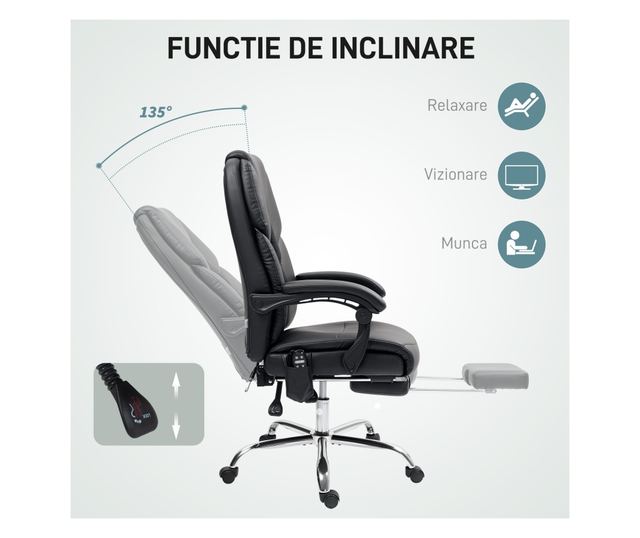 Masszázs Vibrációs Irodai Szék, Magas Háttámlával és Állítható Magassággal, 66x64x113-121 cm, Fekete