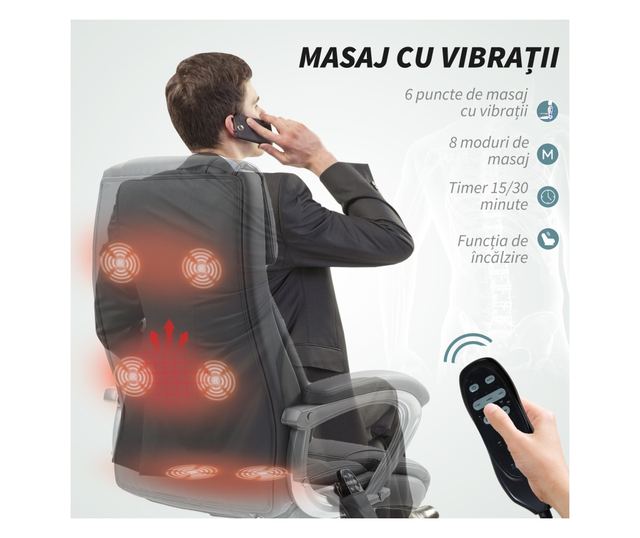 Irodai szék 6 pontos masszázzsal, vibrációs és dönthető, zsebbel és távirányítóval, 66x72x113-121 cm, szürke