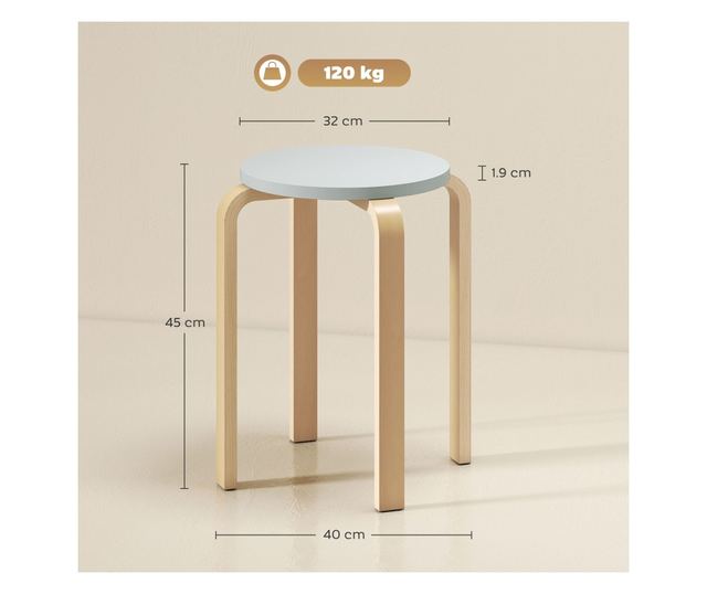 4 db Rakásolható szék szett, Modern rakásolható székek, Kerek ülőke támla nélküli székek, 40x40x45 cm, Természetes fa