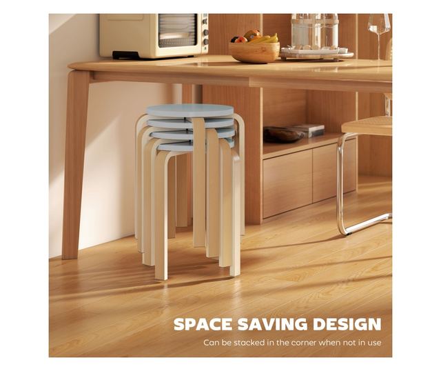 4 db Rakásolható szék szett, Modern rakásolható székek, Kerek ülőke támla nélküli székek, 40x40x45 cm, Természetes fa