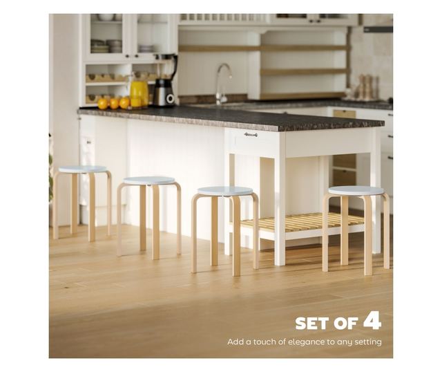 4 db Rakásolható szék szett, Modern rakásolható székek, Kerek ülőke támla nélküli székek, 40x40x45 cm, Természetes fa