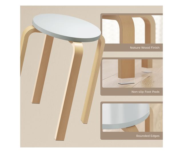 4 db Rakásolható szék szett, Modern rakásolható székek, Kerek ülőke támla nélküli székek, 40x40x45 cm, Természetes fa