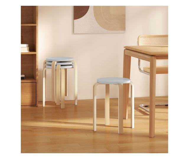 4 db Rakásolható szék szett, Modern rakásolható székek, Kerek ülőke támla nélküli székek, 40x40x45 cm, Természetes fa