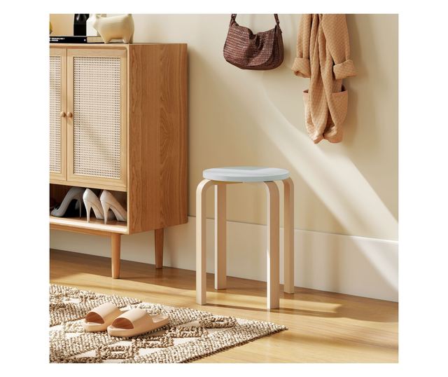 4 db Rakásolható szék szett, Modern rakásolható székek, Kerek ülőke támla nélküli székek, 40x40x45 cm, Természetes fa