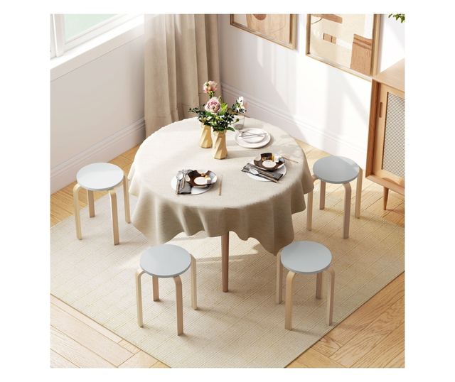 4 db Rakásolható szék szett, Modern rakásolható székek, Kerek ülőke támla nélküli székek, 40x40x45 cm, Természetes fa