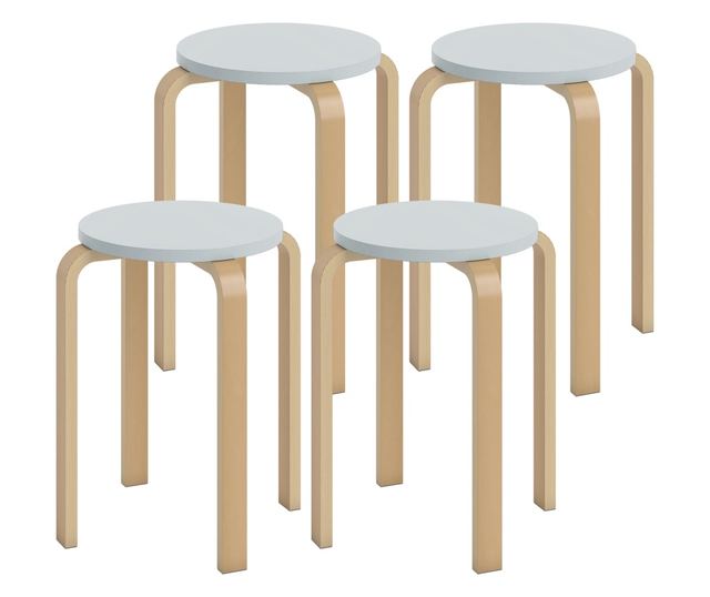 4 db Rakásolható szék szett, Modern rakásolható székek, Kerek ülőke támla nélküli székek, 40x40x45 cm, Természetes fa