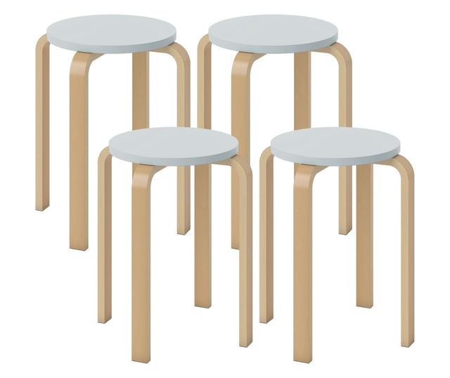 4 db Rakásolható szék szett, Modern rakásolható székek, Kerek ülőke támla nélküli székek, 40x40x45 cm, Természetes fa