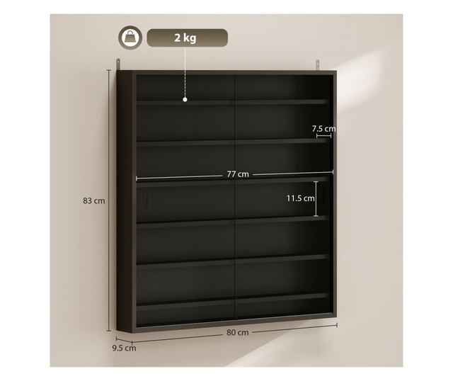 Vitrin 6 állítható polccal és üvegajtókkal, 80x9,5x83 cm, üveg és forgácslap, fekete