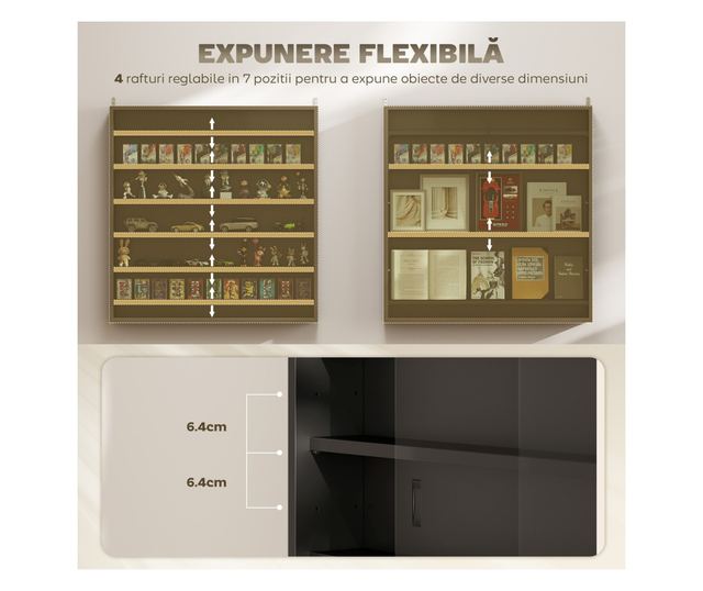 Vitrin 6 állítható polccal és üvegajtókkal, 80x9,5x83 cm, üveg és forgácslap, fekete