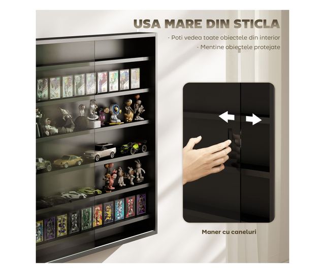 Vitrin 6 állítható polccal és üvegajtókkal, 80x9,5x83 cm, üveg és forgácslap, fekete