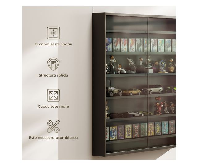 Vitrin 6 állítható polccal és üvegajtókkal, 80x9,5x83 cm, üveg és forgácslap, fekete