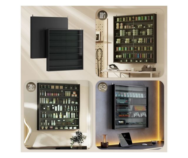 Vitrin 6 állítható polccal és üvegajtókkal, 80x9,5x83 cm, üveg és forgácslap, fekete