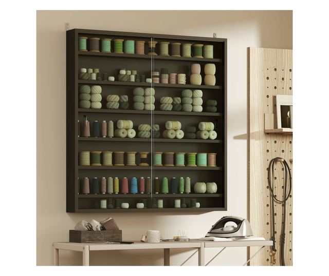 Vitrin 6 állítható polccal és üvegajtókkal, 80x9,5x83 cm, üveg és forgácslap, fekete