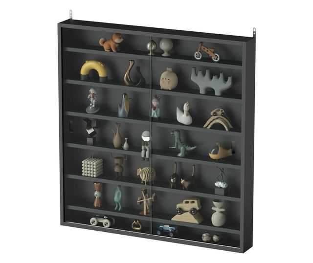 Vitrin 6 állítható polccal és üvegajtókkal, 80x9,5x83 cm, üveg és forgácslap, fekete