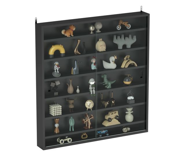 Vitrin 6 állítható polccal és üvegajtókkal, 80x9,5x83 cm, üveg és forgácslap, fekete