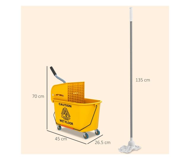 20L Felmosó Vödör Vödörrel, Szűrővel, Kerekekkel és Fogantyúval Sárga
