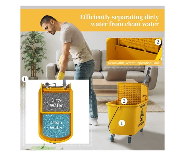 20L Felmosó Vödör Vödörrel, Szűrővel, Kerekekkel és Fogantyúval Sárga