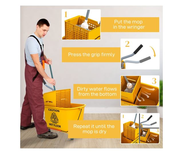 20L Felmosó Vödör Vödörrel, Szűrővel, Kerekekkel és Fogantyúval Sárga