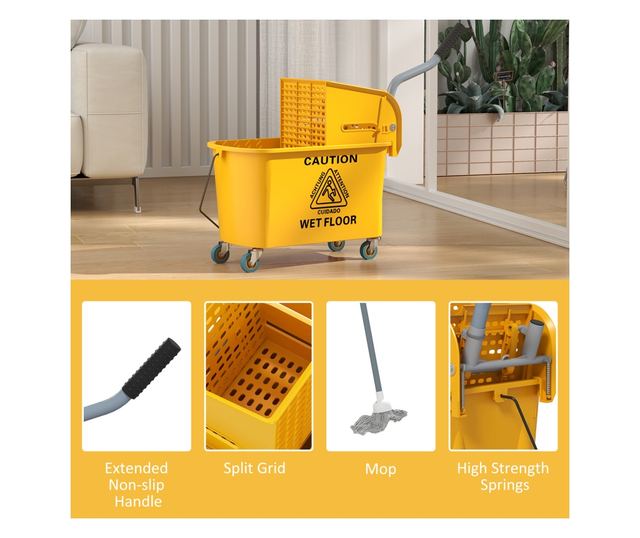 20L Felmosó Vödör Vödörrel, Szűrővel, Kerekekkel és Fogantyúval Sárga