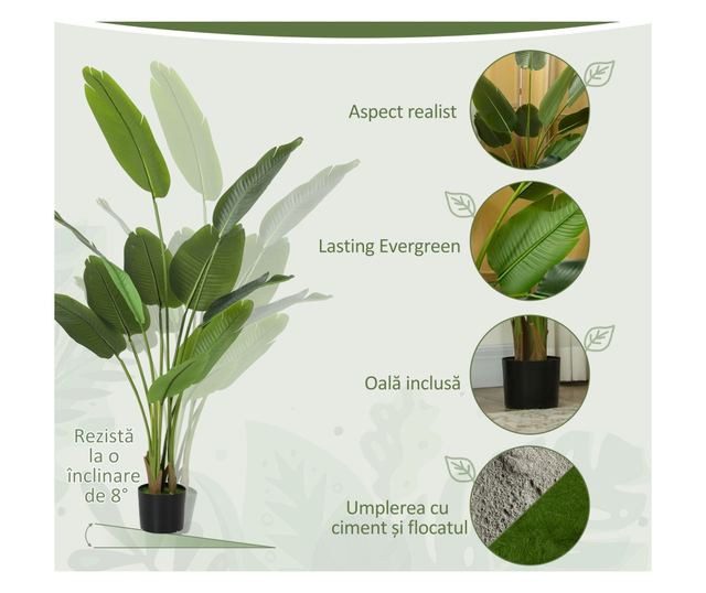 Műnövény 160 cm 10 zöld levéllel PEVA-ból és cserép Ø16,5x13,5 cm