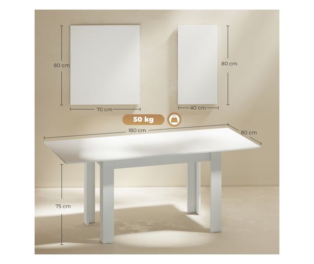 Nyitható Asztal 140-180x80cm, Fehér, 6-8 Személyes, Ideális Kis Terekbe