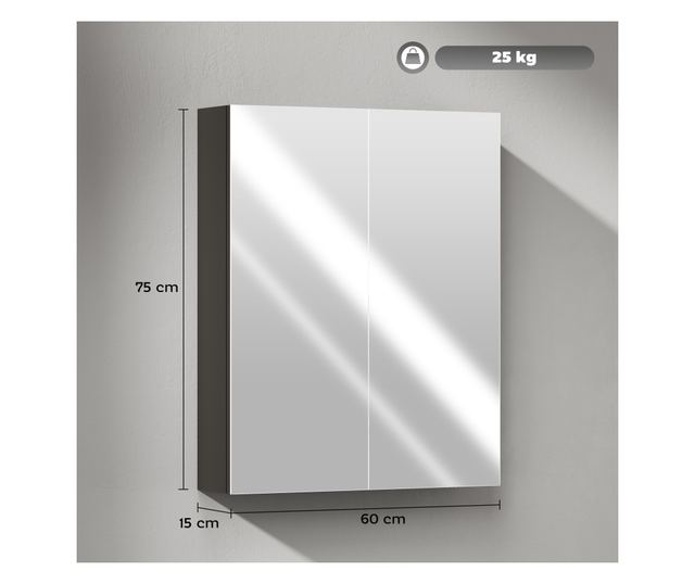 Fali fürdőszoba szekrény 2 ajtós tükörrel és 2 belső polccal 60x15x75cm, fekete