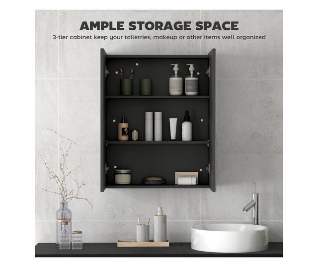 Fali fürdőszoba szekrény 2 ajtós tükörrel és 2 belső polccal 60x15x75cm, fekete