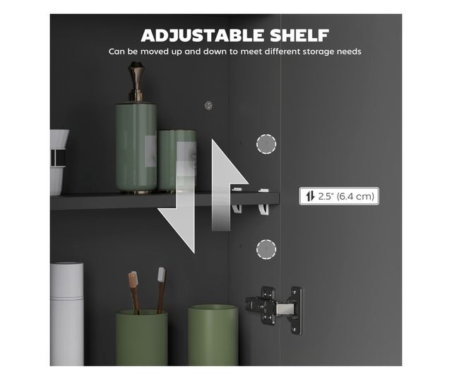 Fali fürdőszoba szekrény 2 ajtós tükörrel és 2 belső polccal 60x15x75cm, fekete