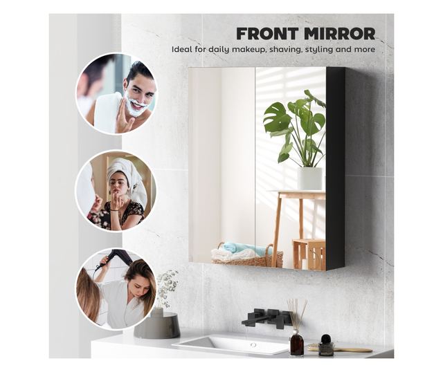 Fali fürdőszoba szekrény 2 ajtós tükörrel és 2 belső polccal 60x15x75cm, fekete