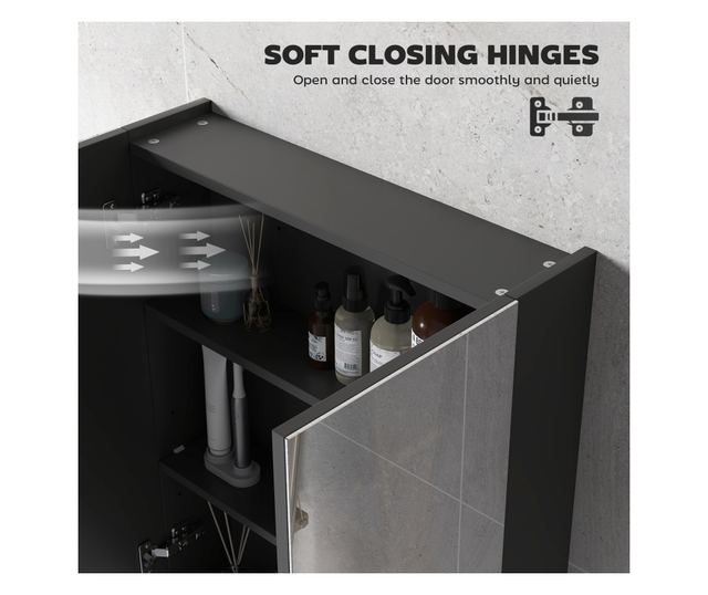 Fali fürdőszoba szekrény 2 ajtós tükörrel és 2 belső polccal 60x15x75cm, fekete