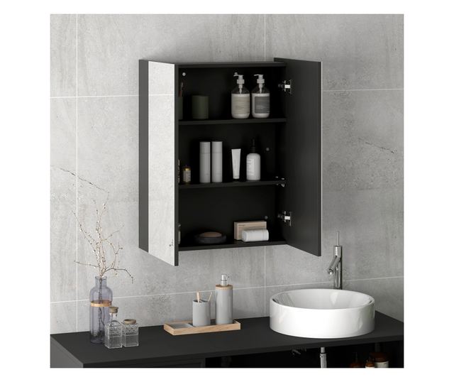 Fali fürdőszoba szekrény 2 ajtós tükörrel és 2 belső polccal 60x15x75cm, fekete