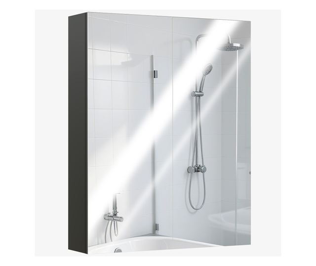 Fali fürdőszoba szekrény 2 ajtós tükörrel és 2 belső polccal 60x15x75cm, fekete