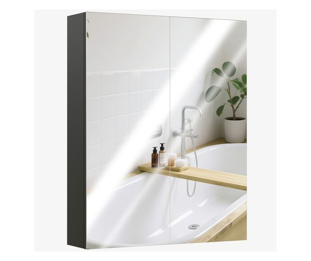 Fali fürdőszoba szekrény 2 ajtós tükörrel és 2 belső polccal 60x15x75cm, fekete