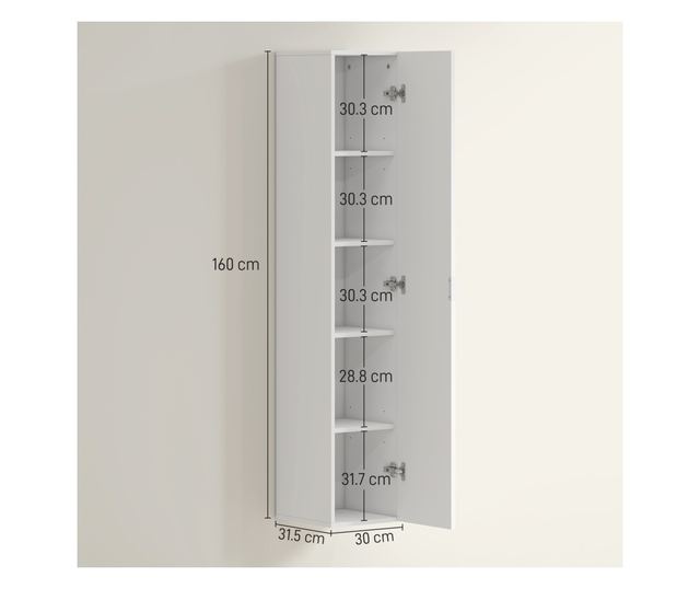Falra szerelhető fürdőszobai oszlopszekrény állítható polcokkal és Soft Close funkcióval, 30x31,5x160 cm, fehér