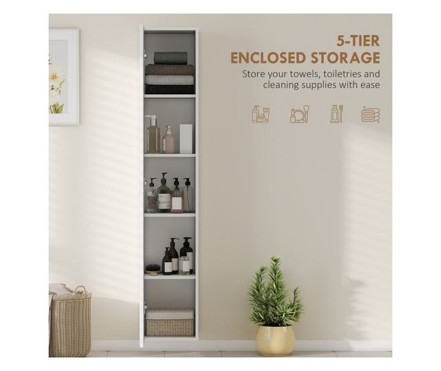 Falra szerelhető fürdőszobai oszlopszekrény állítható polcokkal és Soft Close funkcióval, 30x31,5x160 cm, fehér