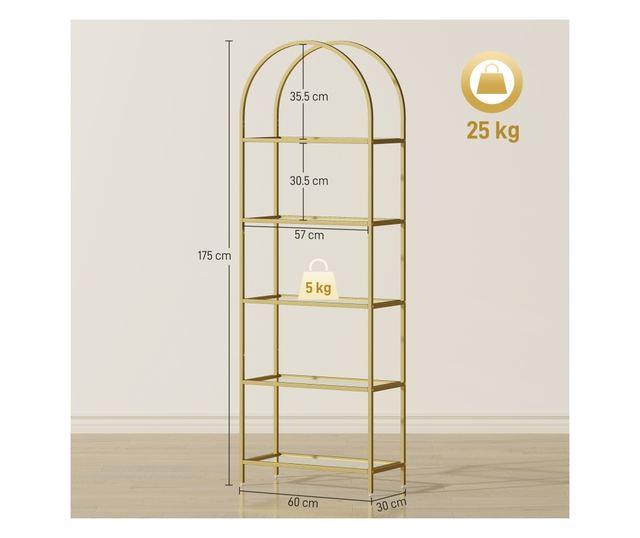 Ívelt 5 szintes acél és edzett üveg tárolópolc, 60x30x175 cm, arany
