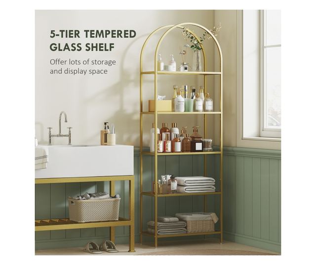 Ívelt 5 szintes acél és edzett üveg tárolópolc, 60x30x175 cm, arany