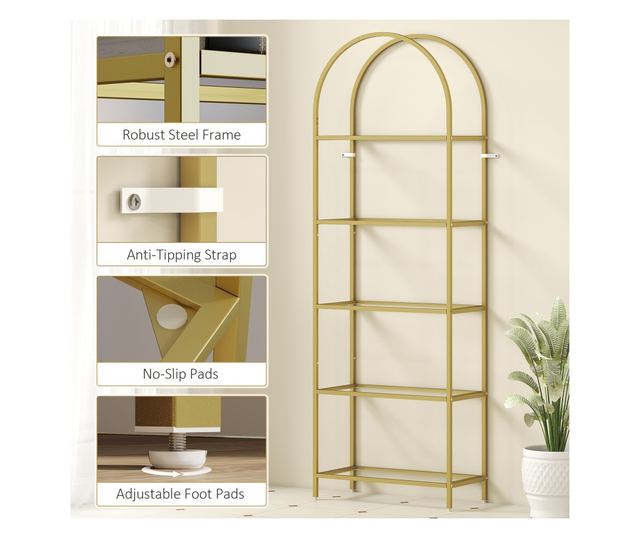 Ívelt 5 szintes acél és edzett üveg tárolópolc, 60x30x175 cm, arany