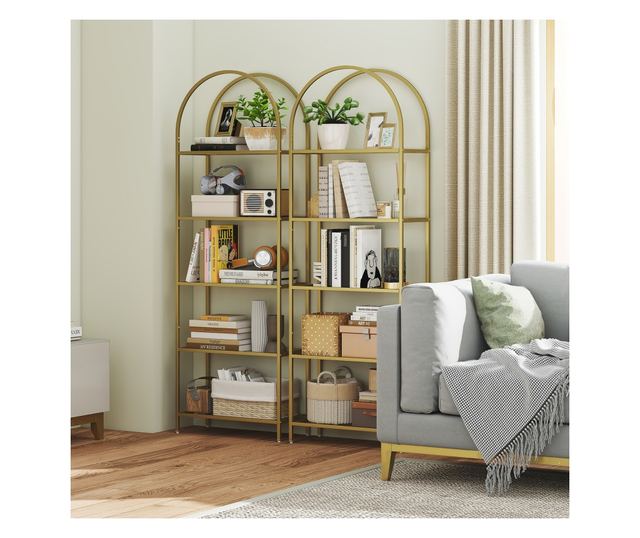 Ívelt 5 szintes acél és edzett üveg tárolópolc, 60x30x175 cm, arany