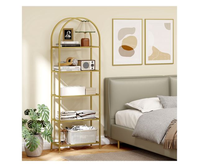 Ívelt 5 szintes acél és edzett üveg tárolópolc, 60x30x175 cm, arany