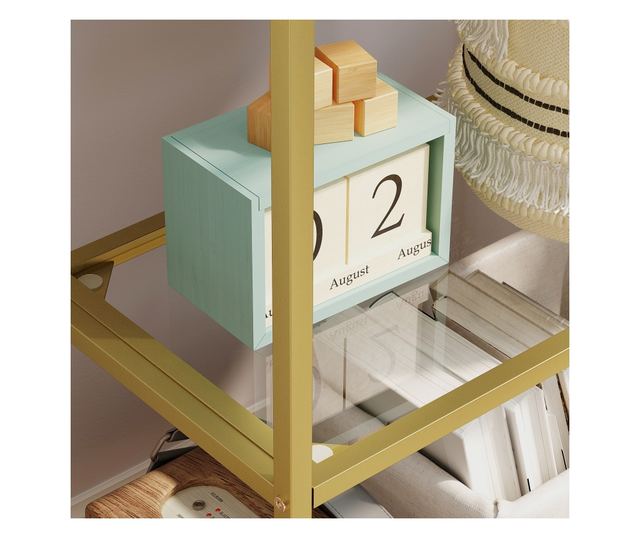 Ívelt 5 szintes acél és edzett üveg tárolópolc, 60x30x175 cm, arany