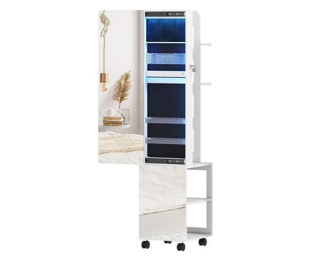 Forgatható ékszeres szekrény tükörrel, LED fénnyel és zárral, fekete