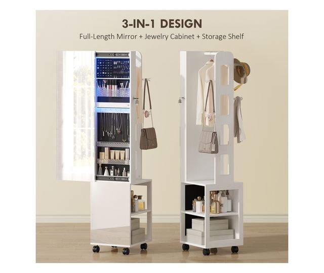 Forgatható ékszeres szekrény tükörrel, LED fénnyel és zárral, fekete