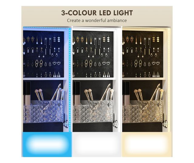 Forgatható ékszeres szekrény tükörrel, LED fénnyel és zárral, fekete