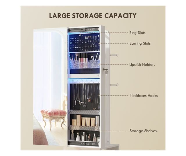 Forgatható ékszeres szekrény tükörrel, LED fénnyel és zárral, fekete