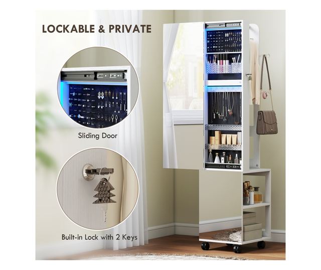 Forgatható ékszeres szekrény tükörrel, LED fénnyel és zárral, fekete