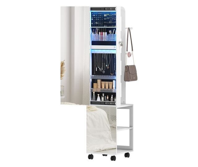 Forgatható ékszeres szekrény tükörrel, LED fénnyel és zárral, fekete